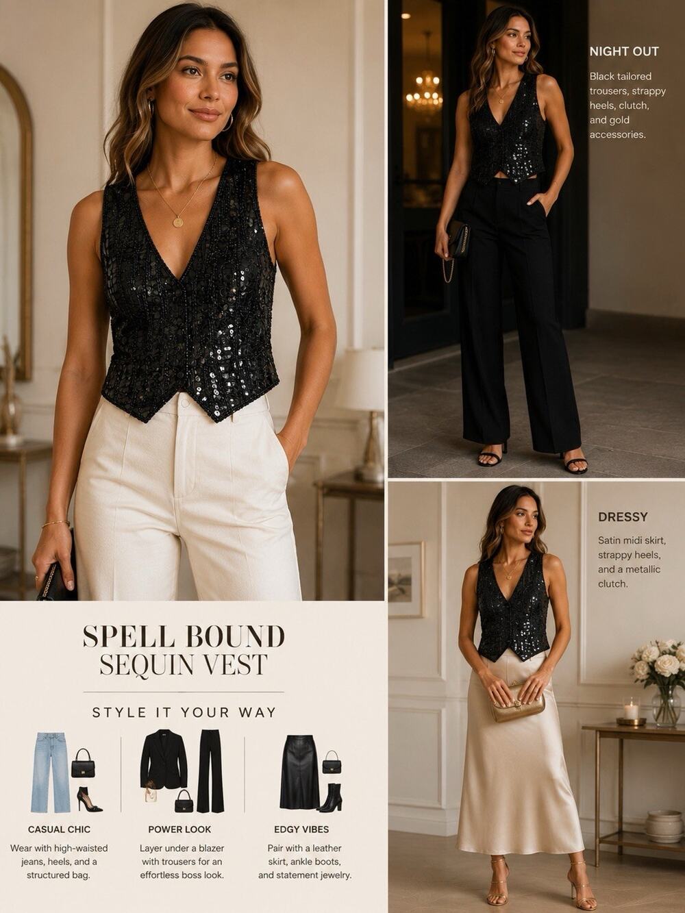 Vintage Spell Bound Black Sequence Beaded Vest Medium Art Deco Party Formal